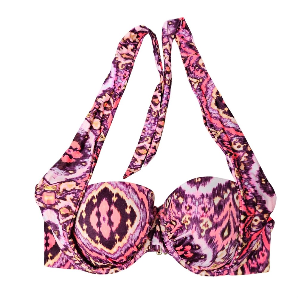 Victoria's Secret Very Sexy Push Up Halter Bikini Top 34D Purple Pink Ikat Print